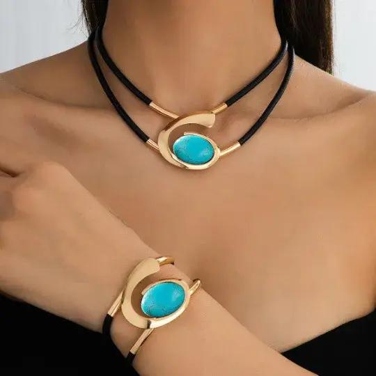 Ensemble de bijoux bohèmes en acrylique noir et zircon pour femmes, collier et bracelets assortis, bijoux tendance