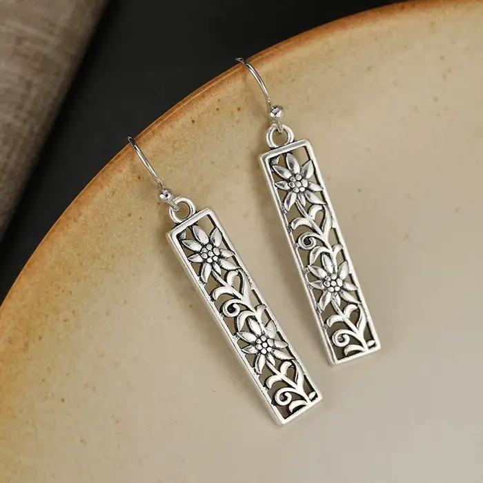 Boucles d'oreilles pendantes rectangulaires ajourées fleur de vigne style forêt rétro antique plaquées argent bijoux tendance pour femme occasions spéciales