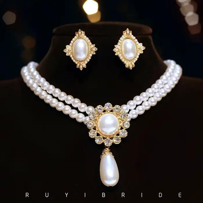 SHMIK élégant Vintage palais plein perle pendentif collier chaînes boucles d'oreilles pour femmes dame classique exquis