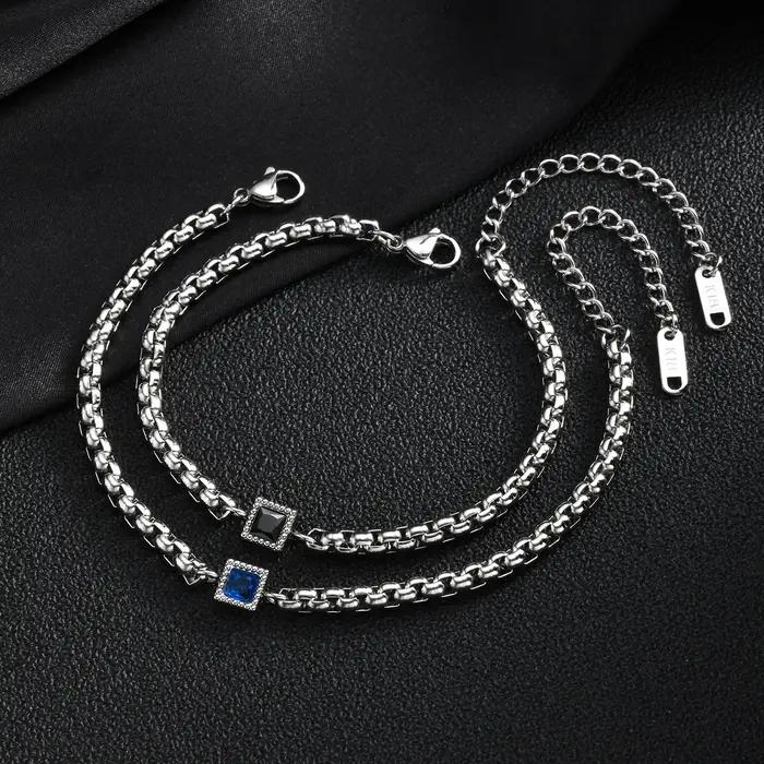 Bracelet à chaîne en Zircon carré bleu et noir brillant pour femmes et hommes
