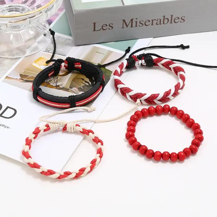 Bracelet classique en cuir tressé rouge pour homme