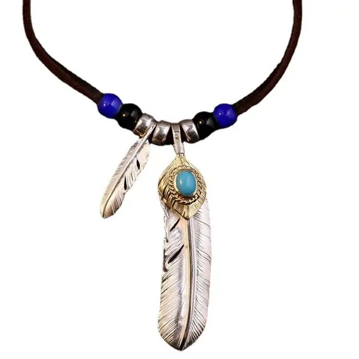 Collier en corde de cuir avec pendentif Turquoise en plumes rétro indiennes