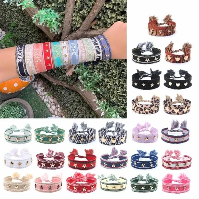 Bracelet à pampilles tissé d'inspiration bohème avec clous en forme d'étoile et de cœur