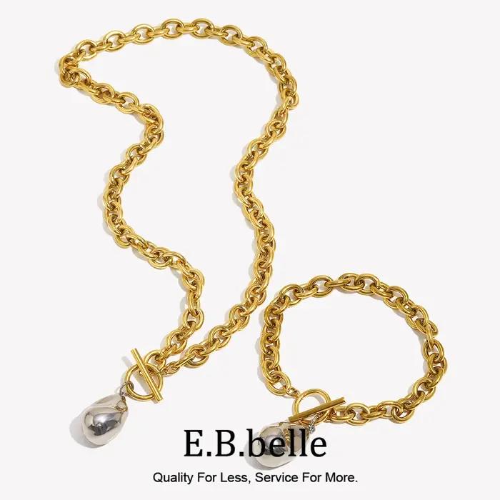 E.B.belle OT boucle acier couleur solide cacahuète pendentif collier Bracelet plaqué or 18 carats