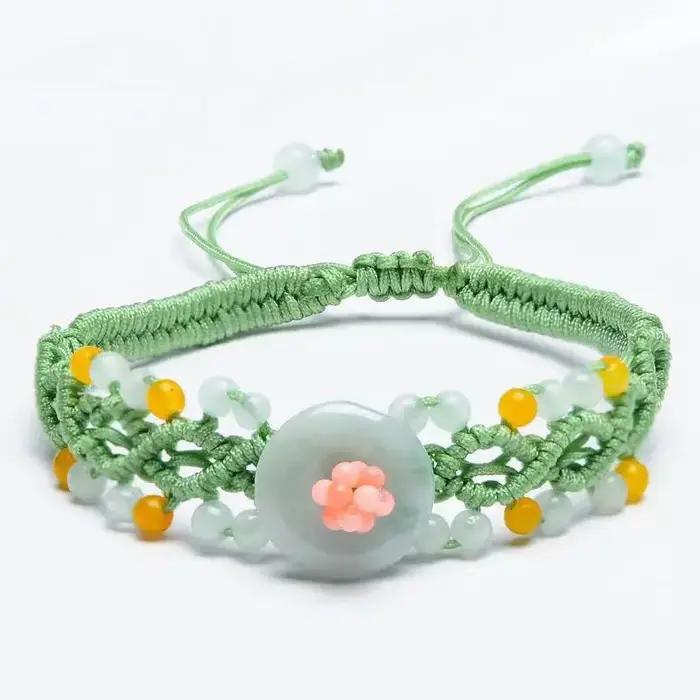 Bracelet tressé fait main pour femme, style chinois tendance 2026, avec boucle de paix en jade birma
