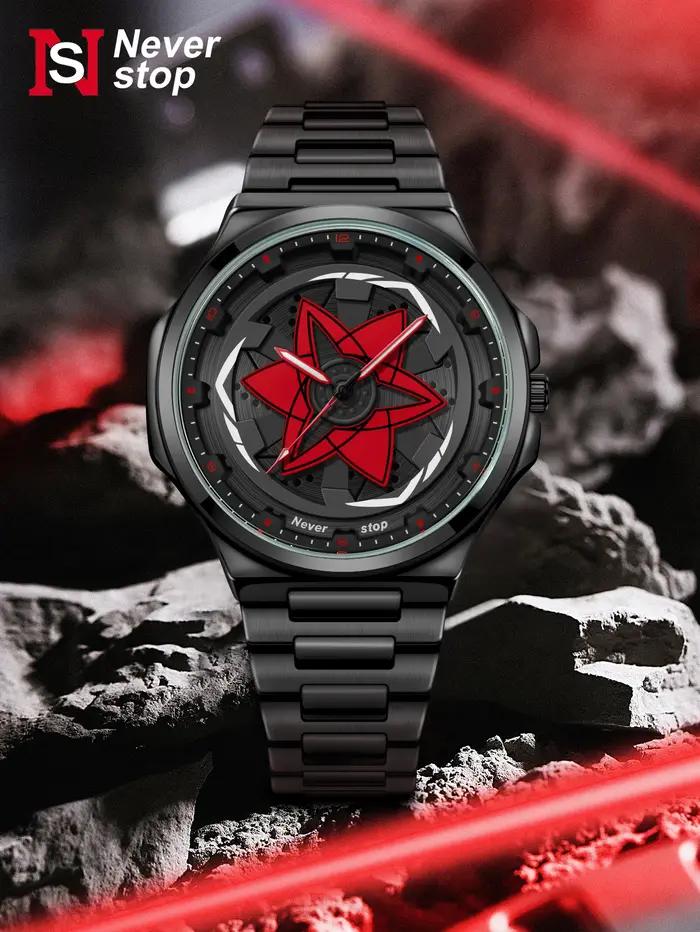 Montre à bracelet en acier pour hommes – Style Cool noir, cadran tendance rotatif, cadeau de vacances créatif