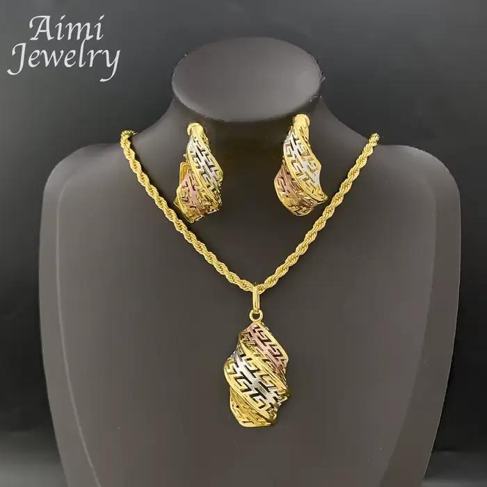 Ensemble de bijoux plaqués or de dubaï pour femmes, boucles d'oreilles pendentif au Design creux spé