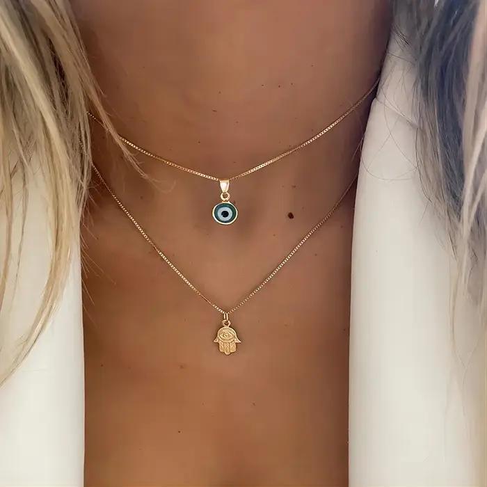 Colliers porte-bonheur double couche en zircon avec pendentif œil turc pour femmes et hommes, bijoux de fête, cadeau
