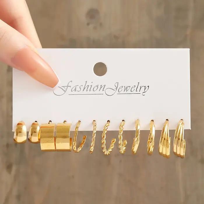 Ensemble de boucles d'oreilles géométriques dorées pour femmes, style vintage, multi-éléments, perle