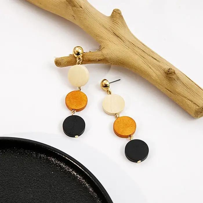 Boucles d'oreilles longues en perles de bois Vintage pour femmes
