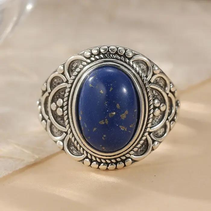 Bague ethnique pour femme en argent avec imitation de lapis-lazuli