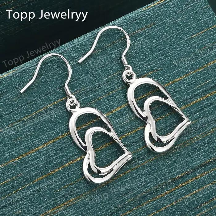 Boucles d'oreilles en argent sterling 925, charmantes, exquises, à double couche, en forme de cœur a