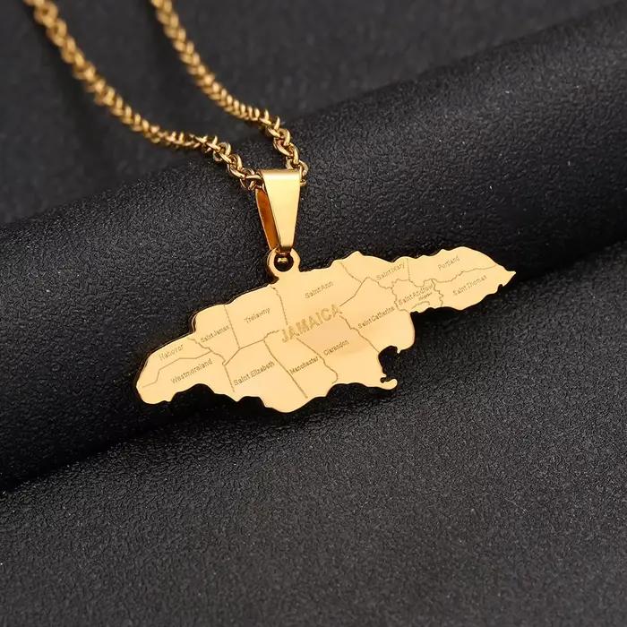 Collier avec pendentif carte de la jamaïque en acier inoxydable, pour femmes et hommes, couleur or e