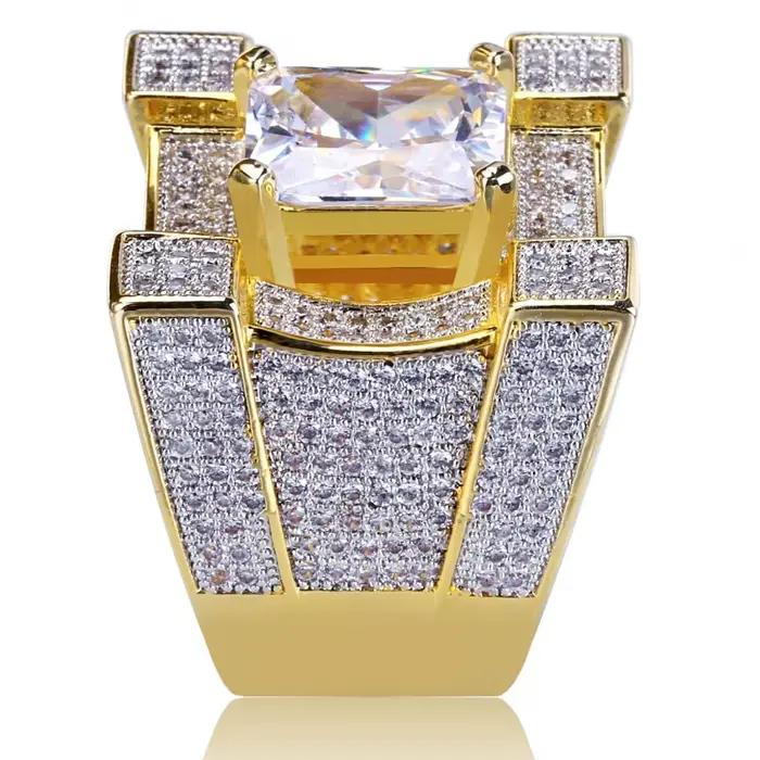 Nouvelle bague hip-hop large dorée en zircone cubique effet glace