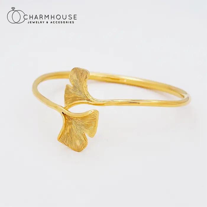 Bracelet manchette feuille de Ginkgo couleur or pour femmes, taille réglable, accessoires de bijoux