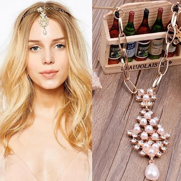 Boho Style Lady Pearl Tassel Flower Crystal bal inestone Hair Tikka réinitialisation, Indian Head Je