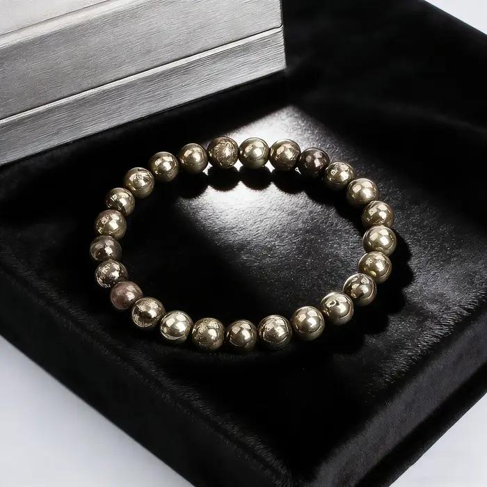 Bracelet en pierre de pyrite naturelle 6 8 10 mm amulette de protection et de prospérité bijou perlé pour homme femme occasions spéciales cadeau