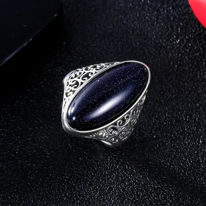 Bague Creuse en Argent Sterling 925 Sertie d'Obsidienne Noir Élégante Vintage à Offrir pour Femme Occasions Spéciales