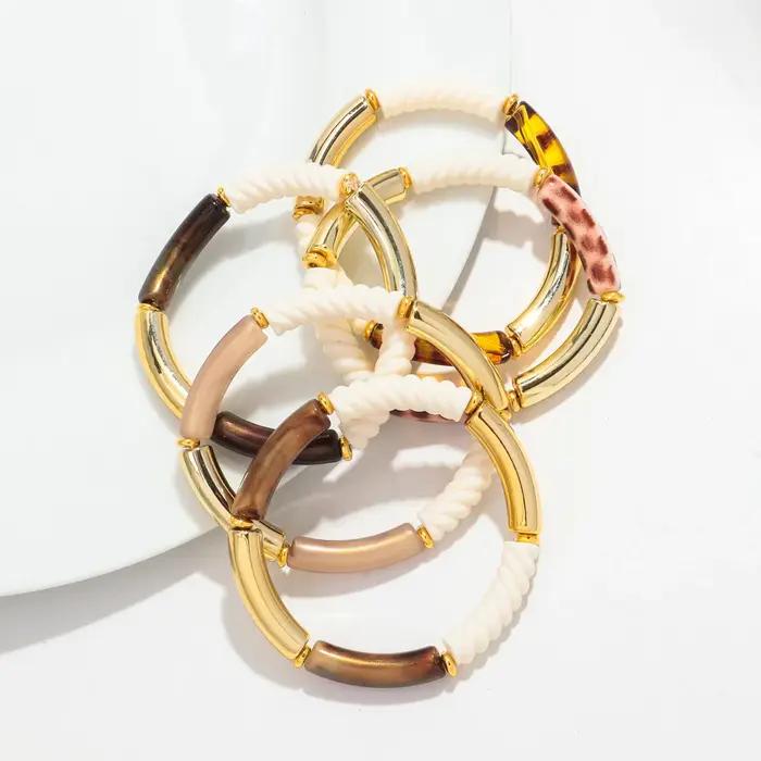 Bracelets à Main en Fil de Bambou Acrylique pour Femme Accessoire en Résine Empilable Tube Fin Perle Extensible Bijoux Cadeaux Occasions Spéciales