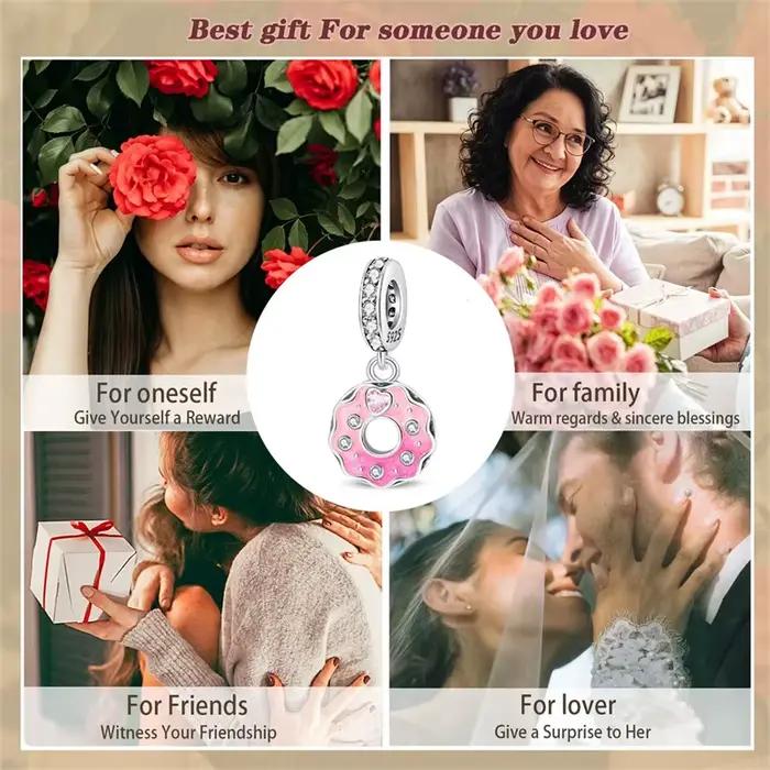 Breloques en argent sterling 925 en forme de donut rose avec zircon, perles pendantes compatibles avec bracelet original de 3 mm, bijoux DIY pour femme, cadeau d'anniversaire ou de fête