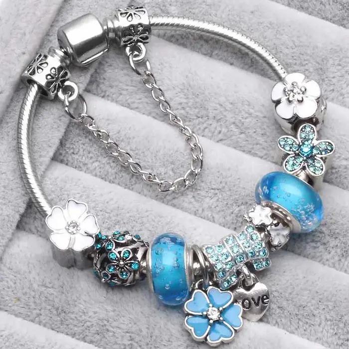Bracelet à breloques en argent vintage pour femme perles de cristal bricolage bijoux de marque occasions spéciales anniversaire cadeau fête mariage