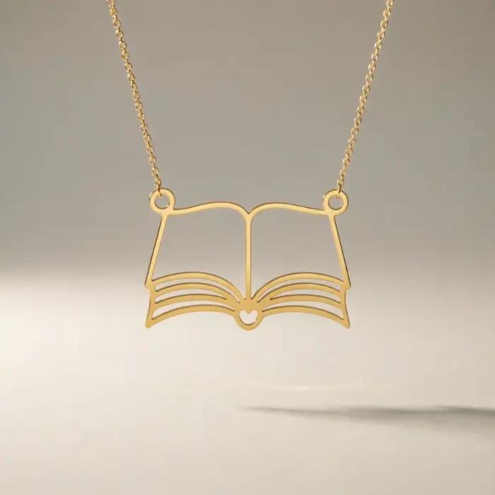 Livres de lecture pendentif collier pour femmes en acier inoxydable ver de bibliothèque étudiant bijoux tour de cou