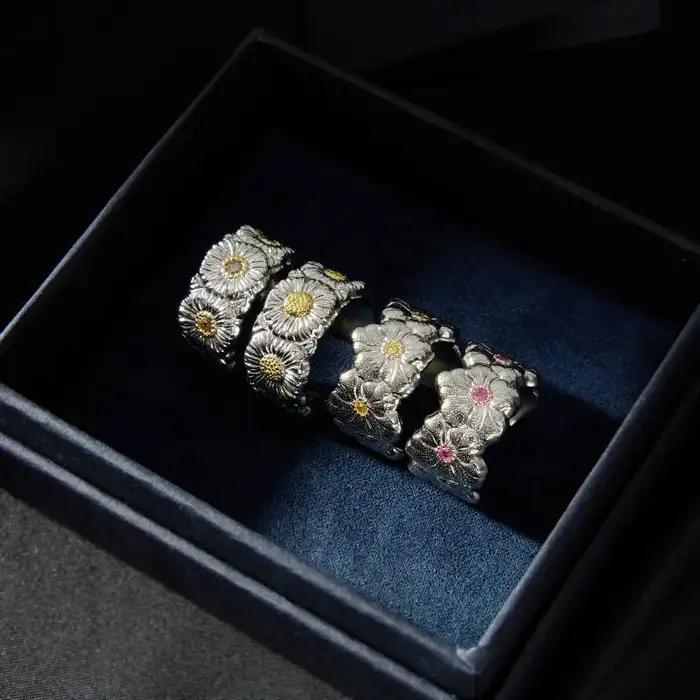 Bagues de fleurs de gardénia brillantes exquises en argent 925 pour femmes