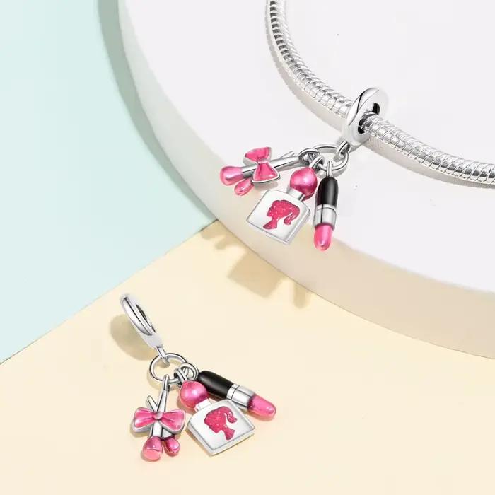 Breloque Perle en Argent 925 pour Fille, Série Rose, Motifs Robe de Princesse, Trousse de Maquillage, Chaussures de Danse, Queue de Cheval, Beauté, Compatible Bracelet DIY 3mm