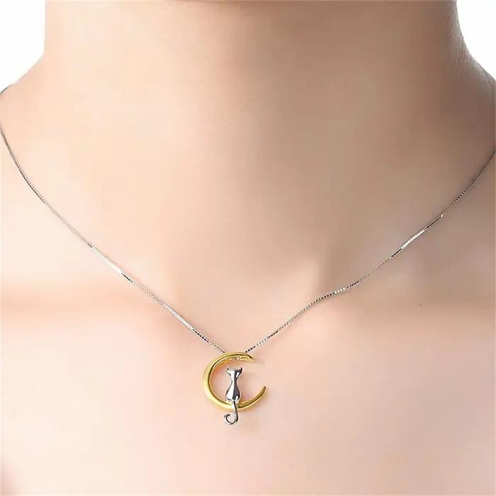 Collier le chat sur la lune en argent Sterling 925 pour femmes