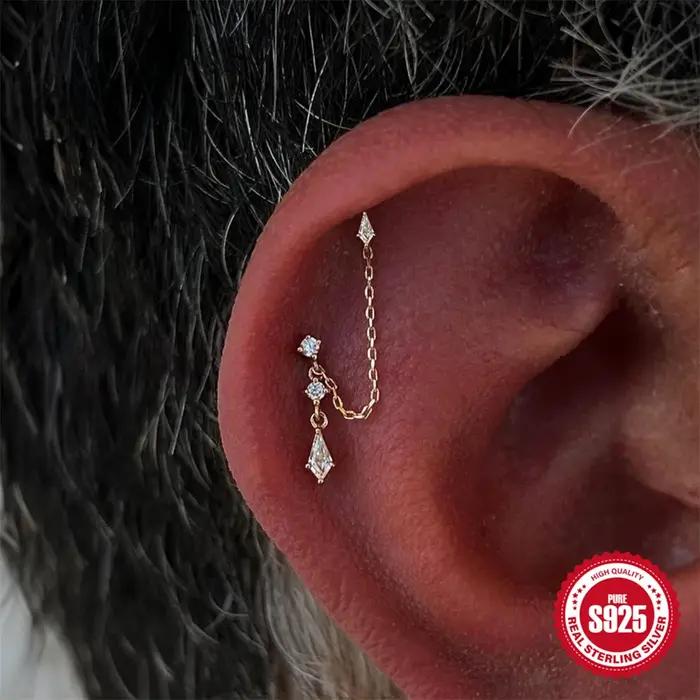 AIDE deux trous boucle d'oreille chaîne gland 925 en argent Sterling pour les femmes délicates de mariage