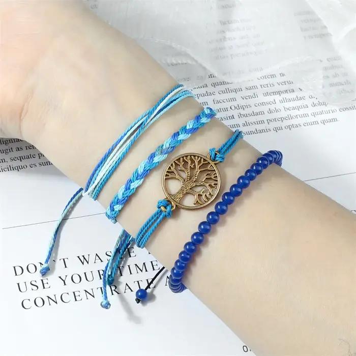 Bracelet Arbre de Vie Boho Chic pour Hommes et Femmes, Ensemble de 4 Pièces en Perles Naturelles et Corde Tressée Manuelle Occasions Spéciales