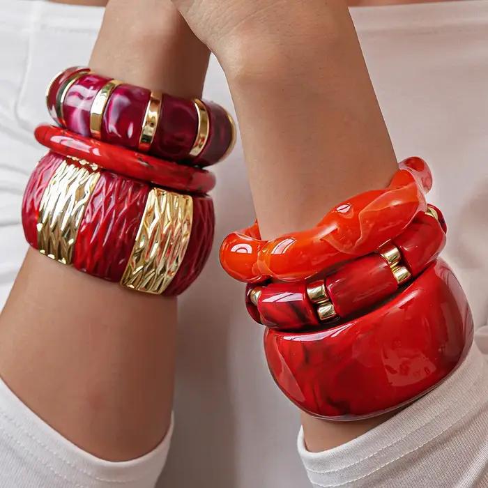 Bracelets élastiques en résine acrylique rouge