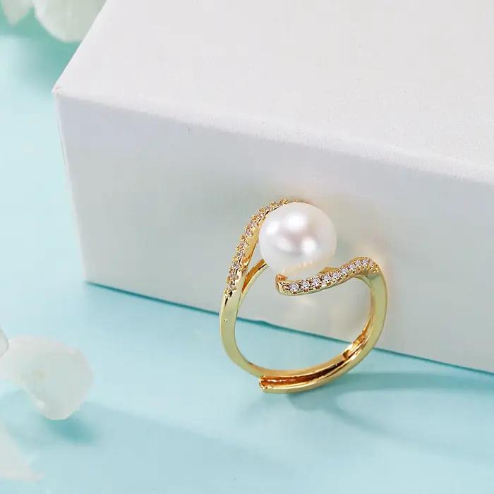 Bague de mariage en or véritable 14k avec perles naturelles blanches pour femmes, idéale pour les occasions spéciales, certifiée, redimensionnable