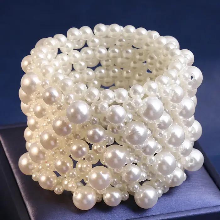 Bracelet en perles simulées pour femmes, bijoux à la mode, larges, élastiques faits à la main
