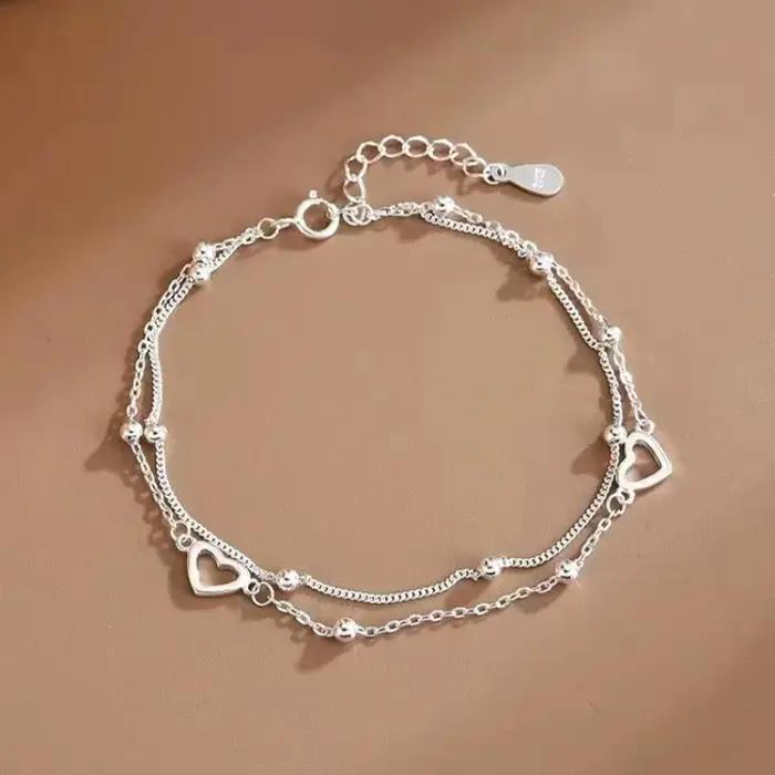 Bracelet en argent sterling 925 forme cœur double couche perles pour femmes et filles cadeau fête romantique vintage design coréen