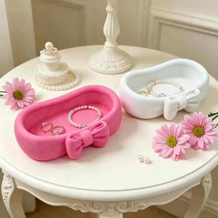 Plateau de rangement pour bijoux avec joli nœud décoratif, lisse, grande capacité, organisateur de voyage portable pour la vanité, les bijoux et les cosmétiques