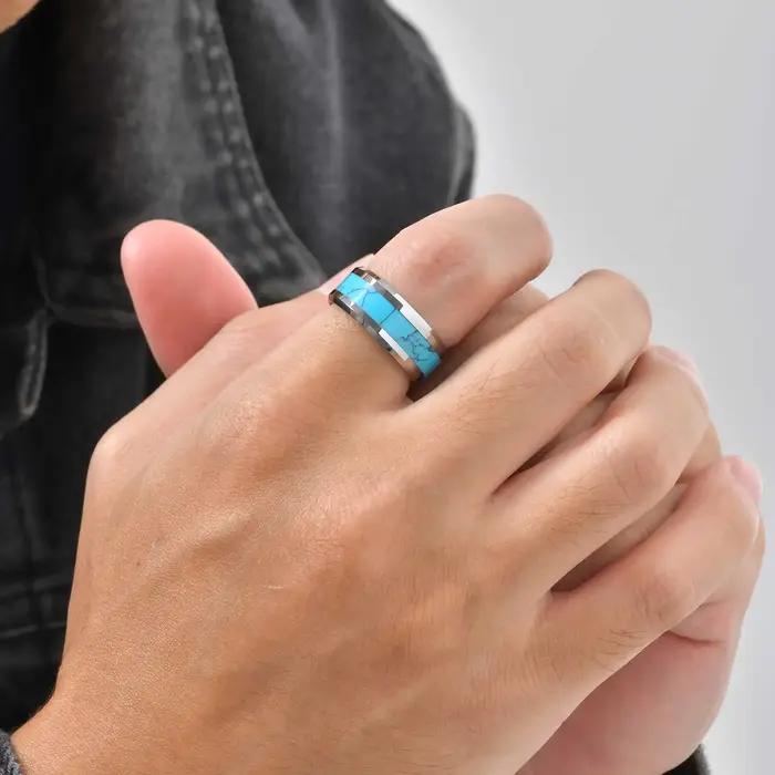 Bague en acier tungstène sertie de pierres turquoises naturelles élégante pour hommes occasions spéciales de mariage et fiançailles