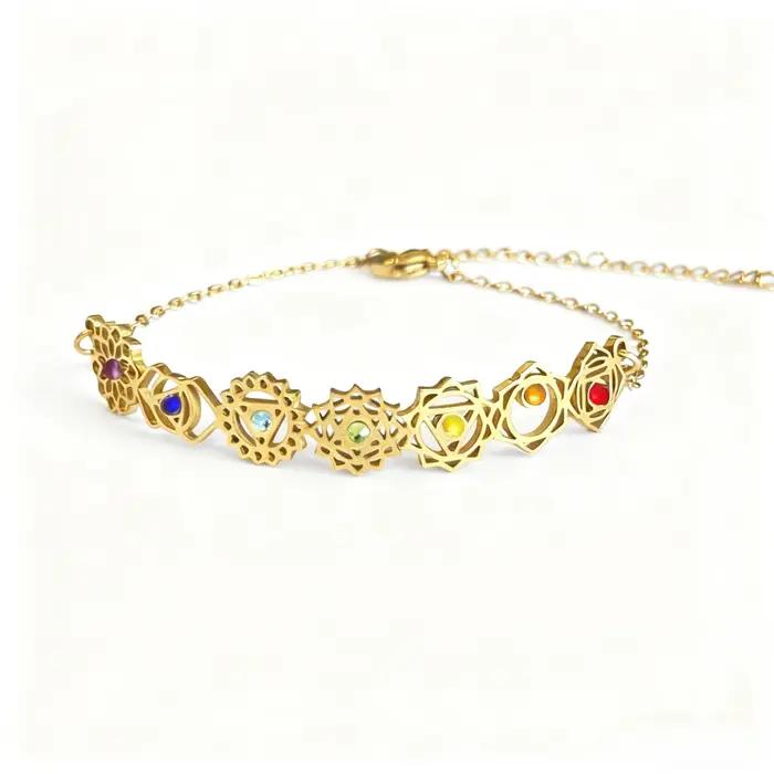Bracelet 7 chakras plaqué or avec zircon coloré énergie spirituelle bijoux boho yoga mode femmes occasions spéciales