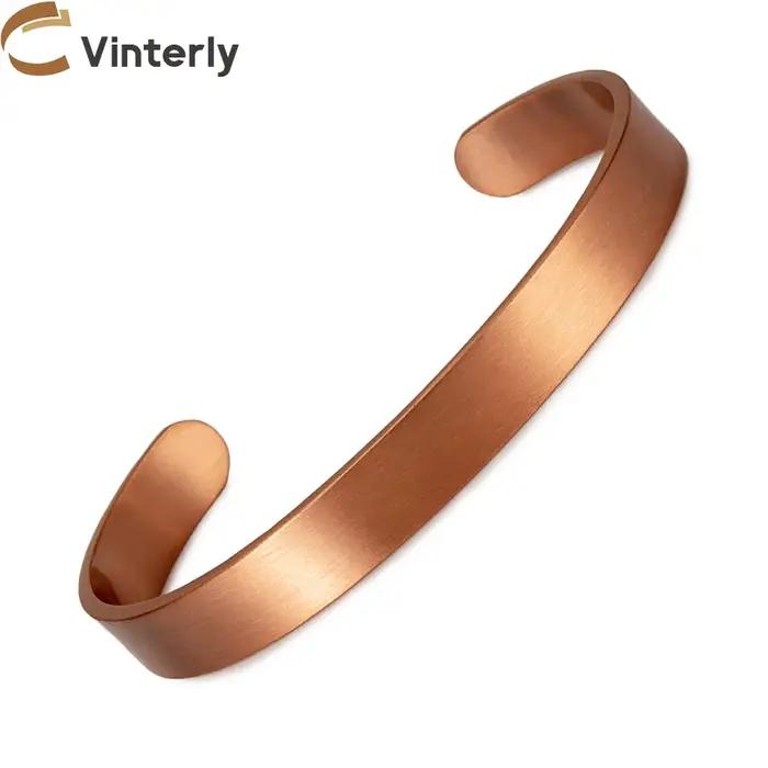 Vinterly Bracelets en cuivre pur pour femmes hommes unisexe 9.5mm de large réglable manchette ouverte
