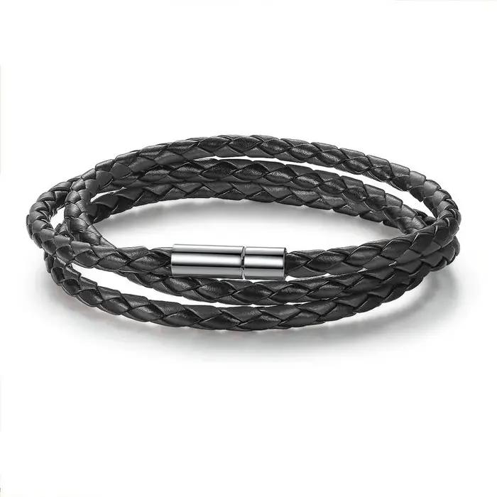 BAMOER Bracelet en cuir PU multicouche tressé longue chaîne boucle magnétique réglable unisexe pour