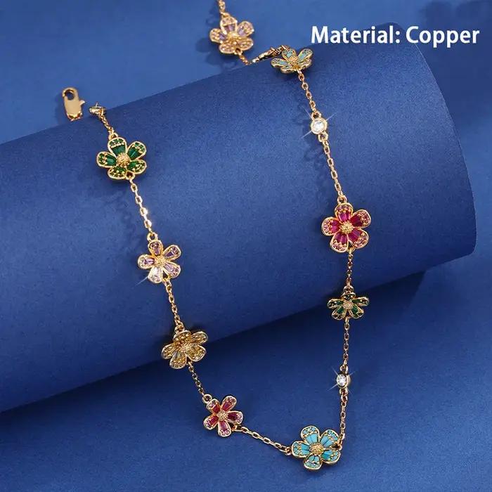 LENNIK Collier de fleurs en zircon micro-incrusté rétro français, ras du cou à cinq pétales, minimal