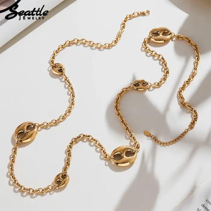 Collier Hip-Hop en Argent Doré avec Pendentif Ovale Plaqué Or Acier Inoxydable pour Fêtes et Soirées Chic
