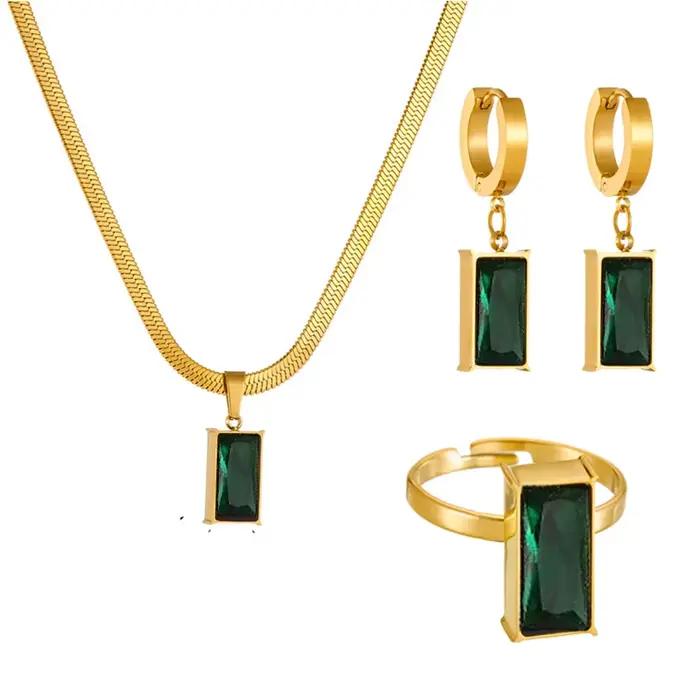 Parure de bijoux de luxe en cristal vert carré, plaqué or, en acier inoxydable, collier, boucles d'oreilles et bague, cadeau idéal pour femme, fête ou anniversaire