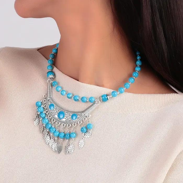 Collier ethnique tibétain en argent avec pampilles pour femmes