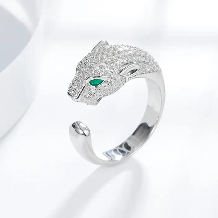 Bagues tête de léopard classiques en cristal de luxe en argent Sterling 925 pour femmes
