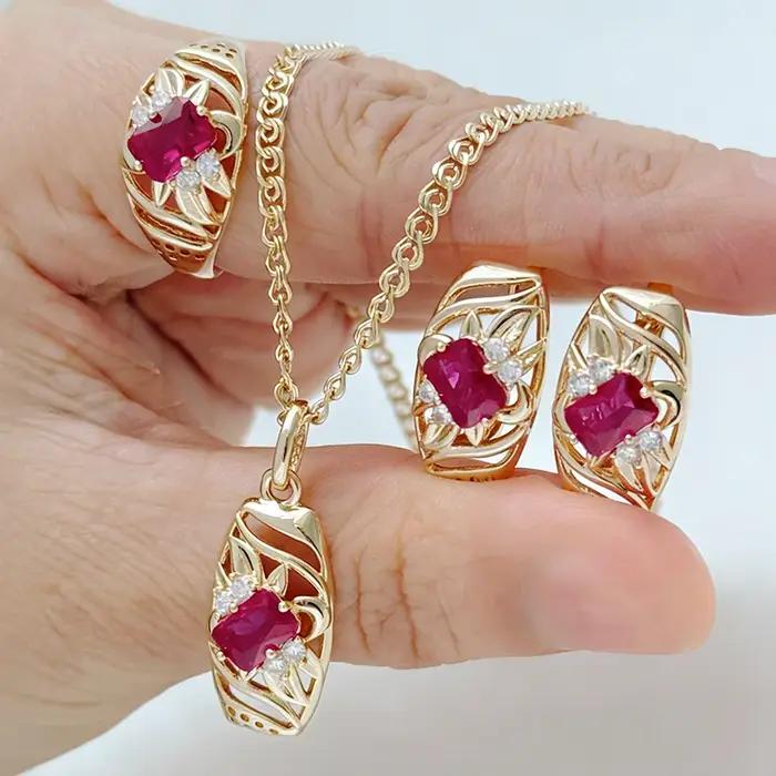 Ensemble de bijoux en zircon naturel rouge Kinel Trend pour femme, bague, boucles d'oreilles, collier, vintage, occasion spéciale