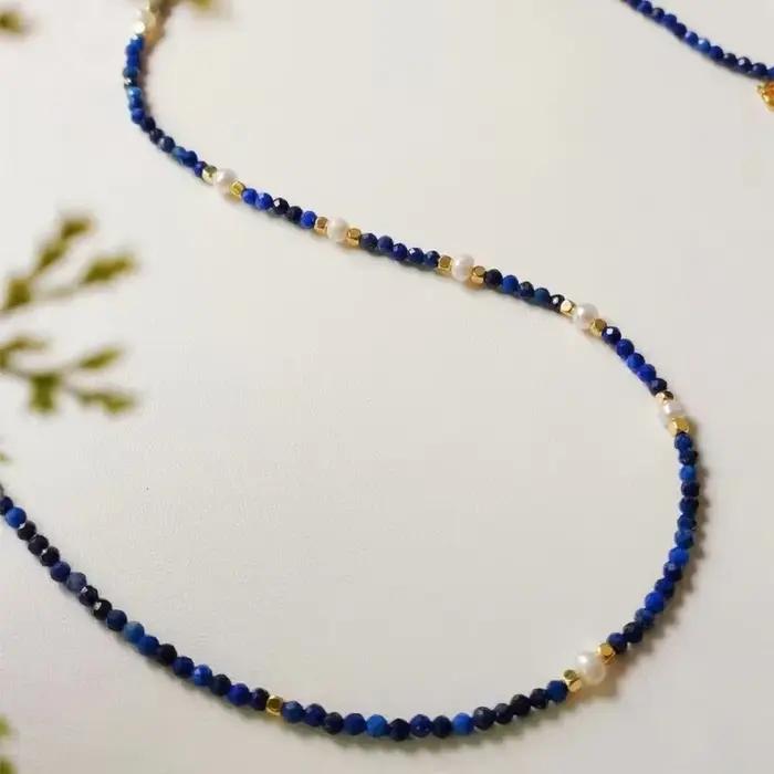 Minar Boho-Collier en Lapis Lazuli Bleu Marine pour Femme, Pierre Naturelle, Perles d'Eau Douce, Ras du Cou en Cuivre Plaqué Or 14K