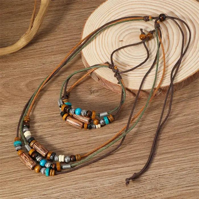 Ethnique 2 pièces/ensemble multicouche Vintage perles de bois pendentif en cuir perlé tissé prière collier et Bracelet bijoux de mode cadeaux