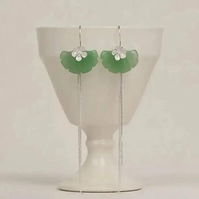 GEEZENCA Aventurine feuille de Ginkgo 925 argent fleur longue gland balancent boucles d'oreilles fem