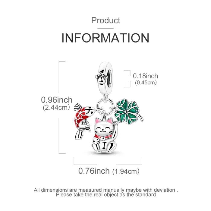 Breloque en Argent 925 Pendentif Chat Carpe Trèfle à Quatre Feuilles Compatible Bracelet Bijoux Originaux Femme Occasions Spéciales